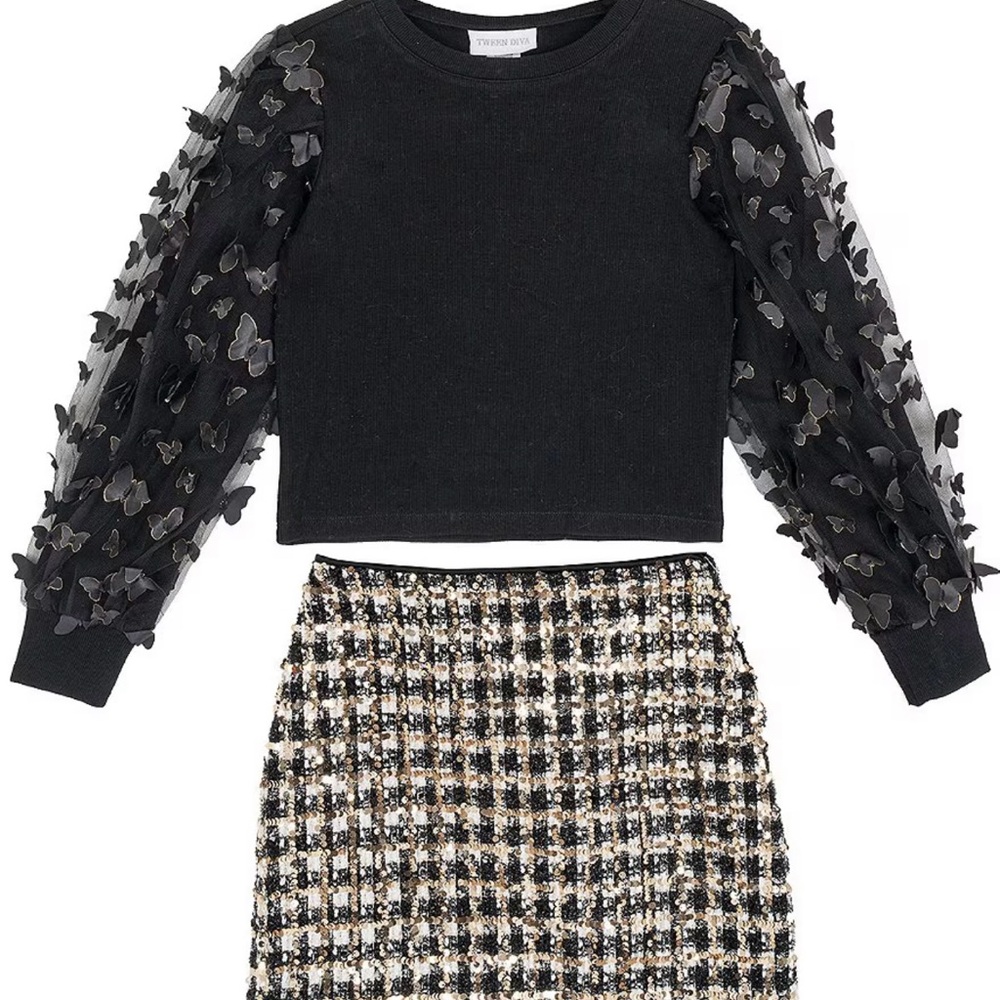 Tween Diva Girls Sequin Plaid Skirt 2 Piece Set